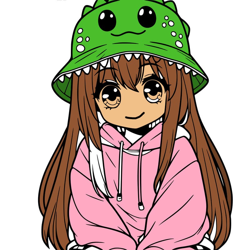 girl with anime shaped eyes with a dinosaur bucket hat oversized sweatshirt long straight hair