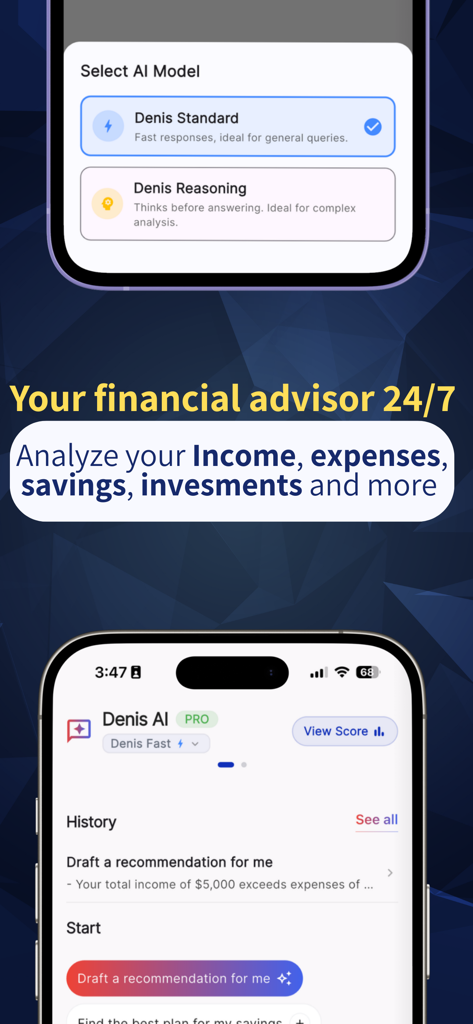 AI Money Manager & Expenses - AI Money Manager app interface showing Denis AI financial advisor models and personalized recommendations
