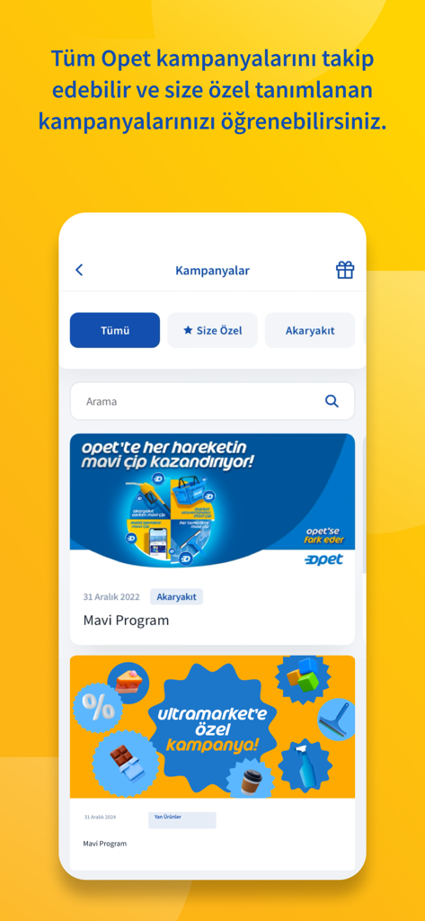 Opet Mobil - Opet Pay'le Kazan - Interface de l'application Opet Mobil affichant la page des campagnes avec des offres spéciales pour le programme Mavi et Ultramarket