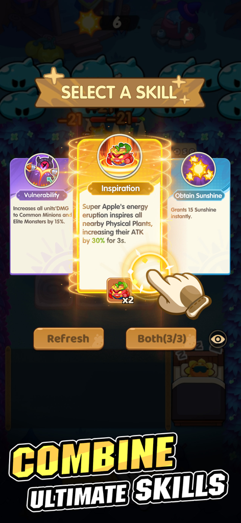 A skill selection screen in Plant Master TD Go showing character power up options like Vulnerability, Inspiration, and Obtain Sunshine