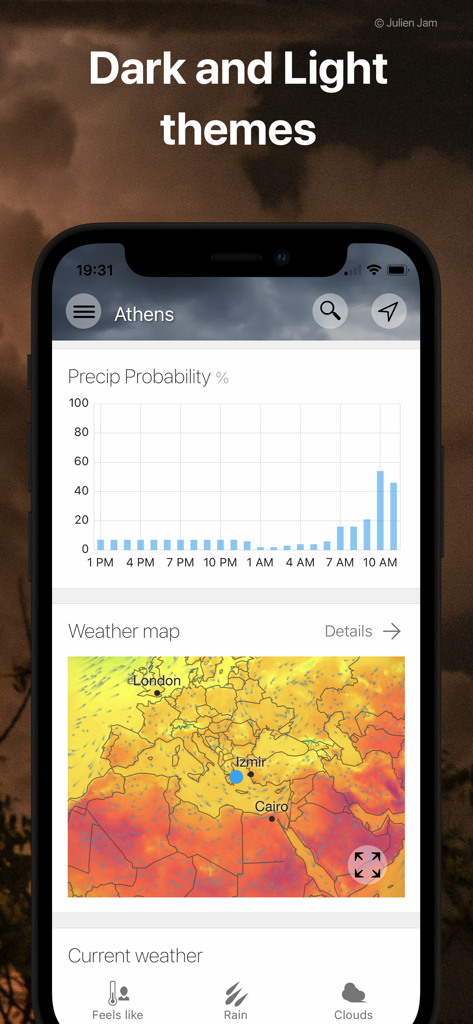 Weawow weather app interface showing a precipitation probability graph and a global weather map