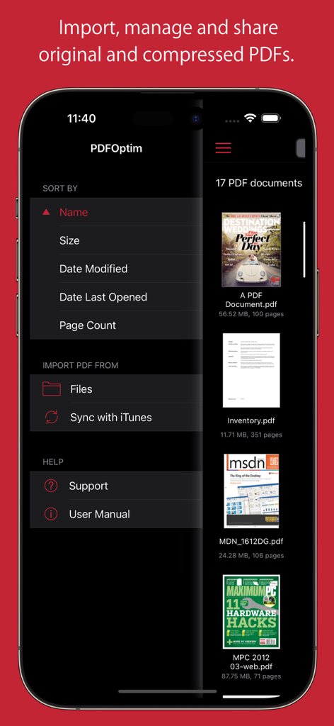 PDFOptimアプリのドキュメント管理画面に、PDFファイルリストと並べ替えオプションが表示されています。