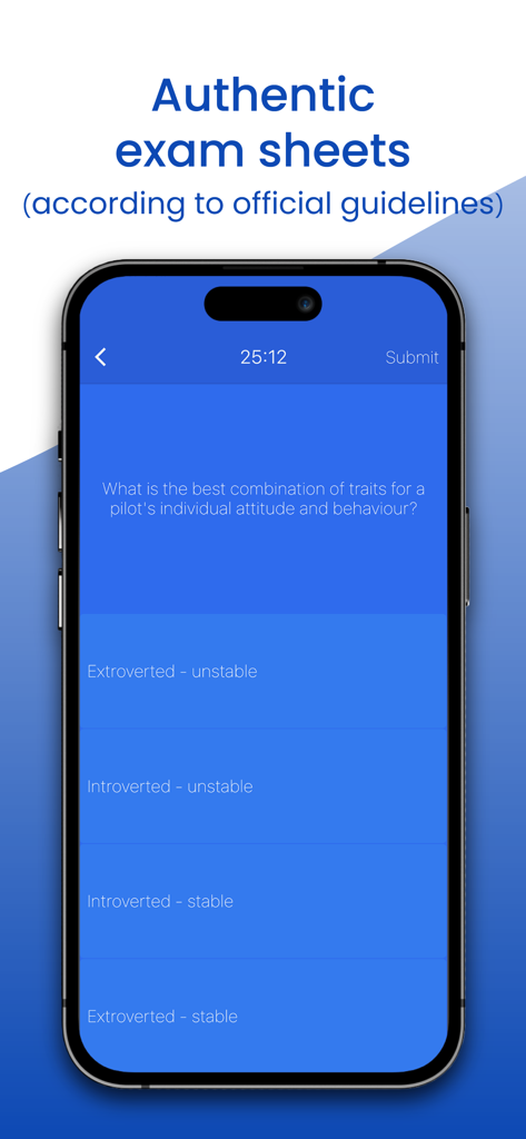 PPL: Pilot Aviation License - Screenshot dell'app PPL Pilot Aviation License che mostra un foglio d'esame autentico con una domanda a scelta multipla sui tratti del pilota.