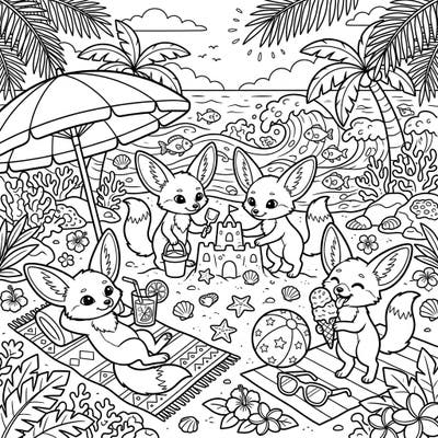 Get ready for a sun-soaked adventure with these charming fennec foxes enjoying their summer vacation! This delightful coloring page captures all the joy of a perfect beach day, from building sandcastles to savoring a sweet ice cream.