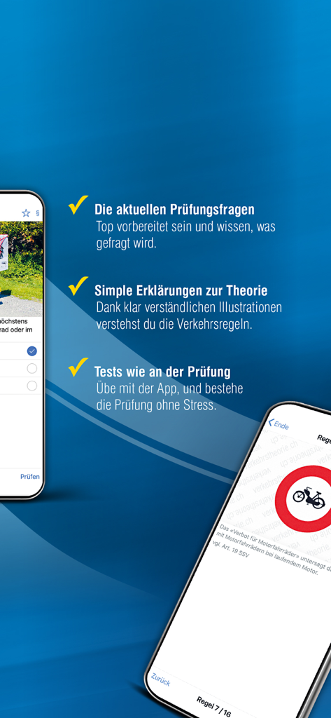 vTheorie Mofa app display showing exam questions and traffic rule explanations for the Swiss moped license.