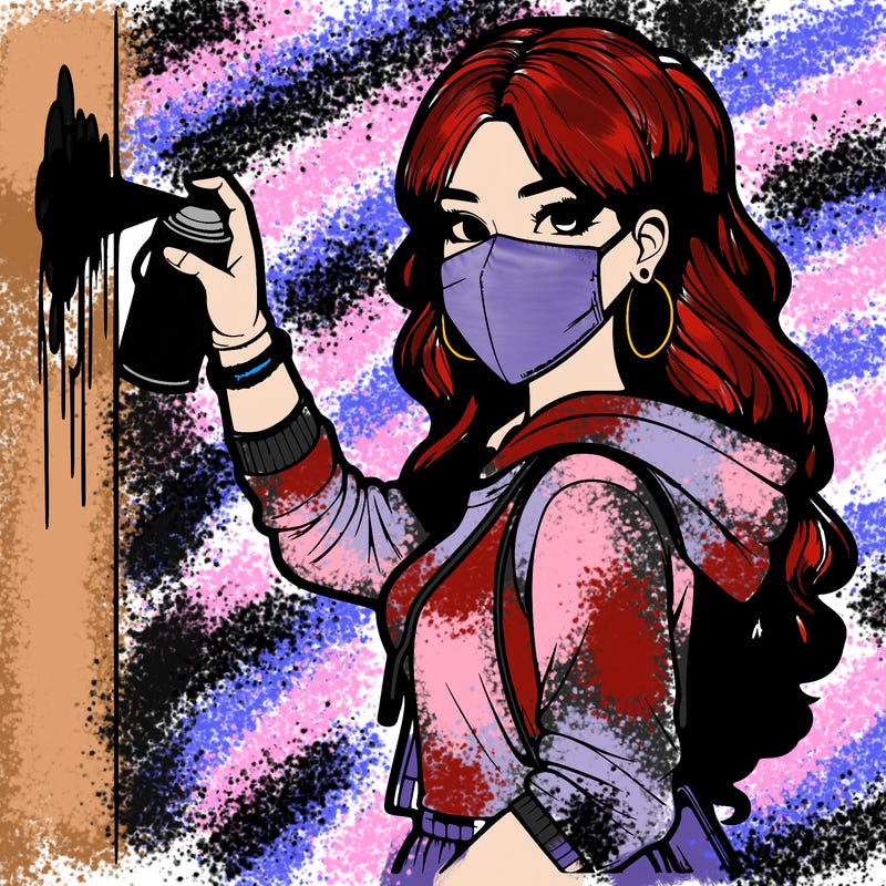 realistic girl with mask spray painting a wall
