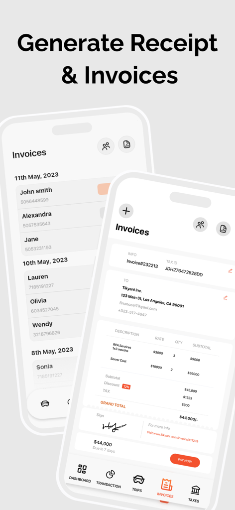Mobile interface for creating professional business invoices and managing client payments