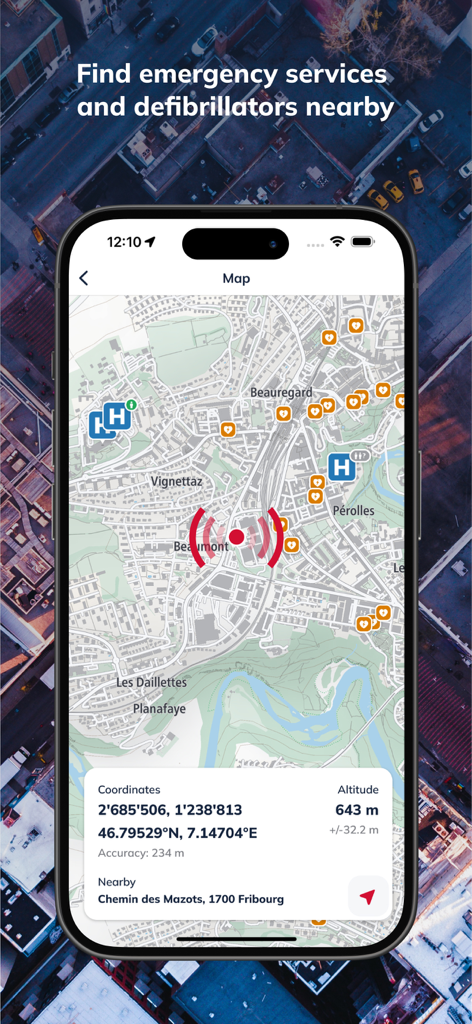 EchoSOS - EchoSOS app interface showing a map with nearby emergency services hospitals and defibrillators plus GPS coordinates