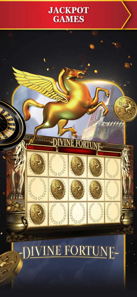 Interfaz del juego de tragamonedas con jackpot Divine Fortune con un Pegaso dorado y monedas de oro en la aplicación Golden Nugget.