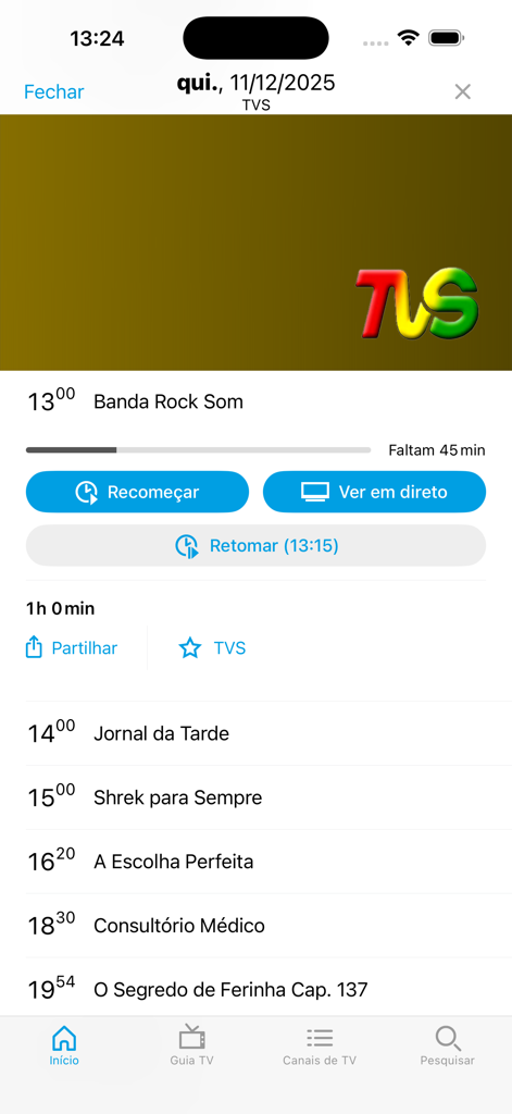 Interface do aplicativo móvel CST ON mostrando a programação do canal TVS e opções de transmissão ao vivo