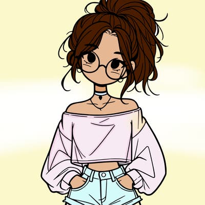 girl with a messy ponytail glasses a baggy crop top and jean shorts