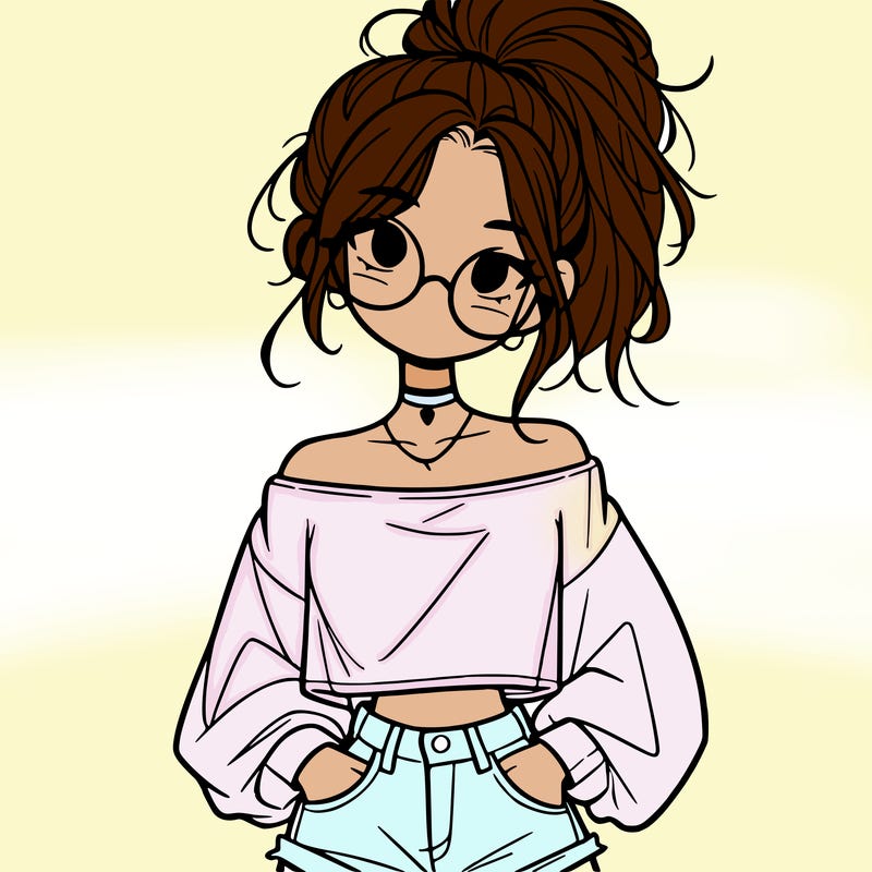 girl with a messy ponytail glasses a baggy crop top and jean shorts