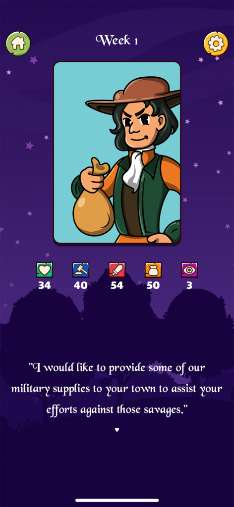 The Reeve - A character in the game The Reeve offering military supplies with town resource stats displayed below