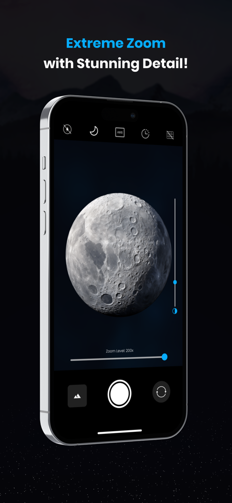 UltraZoom 200x - Super TeleCam - iPhone screen showing the moon with extreme 200x zoom