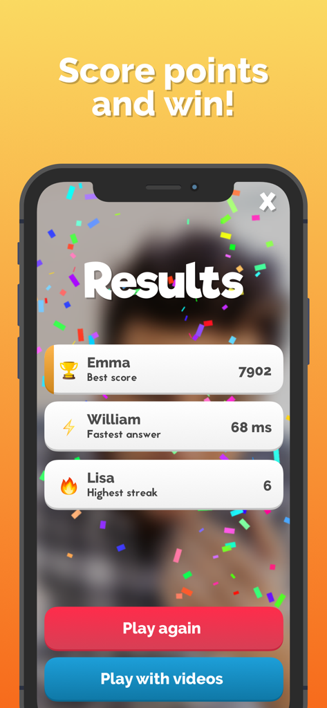 Photo Roulette results screen showing scores for Emma, William, and Lisa with a play again button