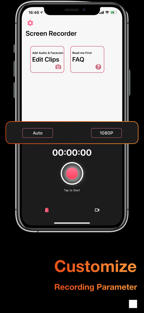 Screen Recorder ° - Interface of the Screen Recorder app featuring customizable recording parameters and a start button.