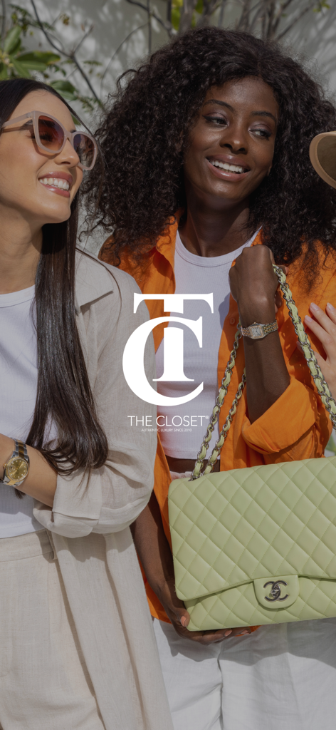 THE CLOSET - Two stylish women posing with a lime green quilted designer handbag and THE CLOSET logo
