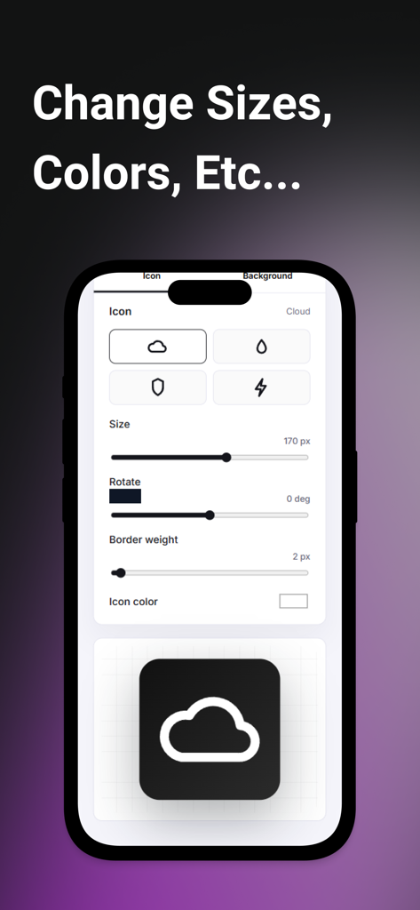LogoSwift - Logo Maker - Interfaz de app móvil mostrando deslizadores para personalizar el tamaño, rotación, grosor del borde y color de un ícono de nube