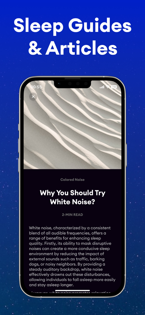Noise: Green, White, Brown - Smartphone screen showing the Sleepo app's Sleep Guides and Articles section with an article about white noise benefits.