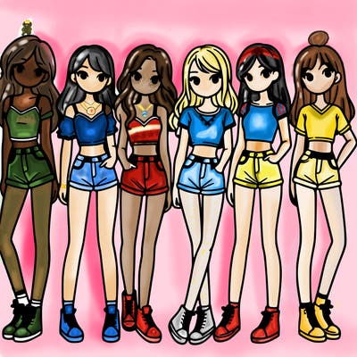 a group of girls wearing crop tops and shorts
