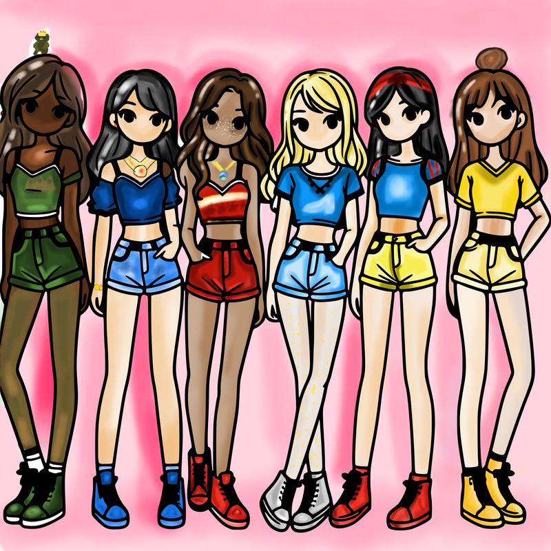 a group of girls wearing crop tops and shorts