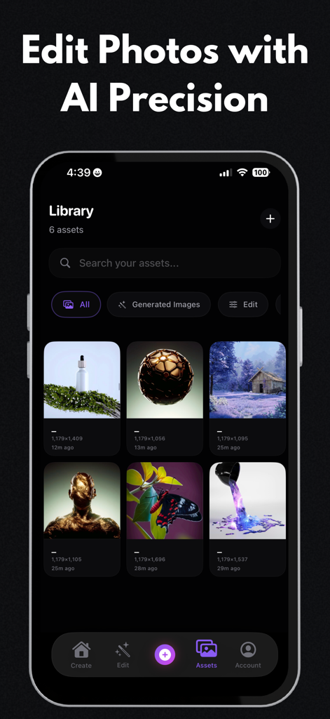 AI Photo Generator & Editor - A mobile app interface showing a library of AI generated images and artistic photos