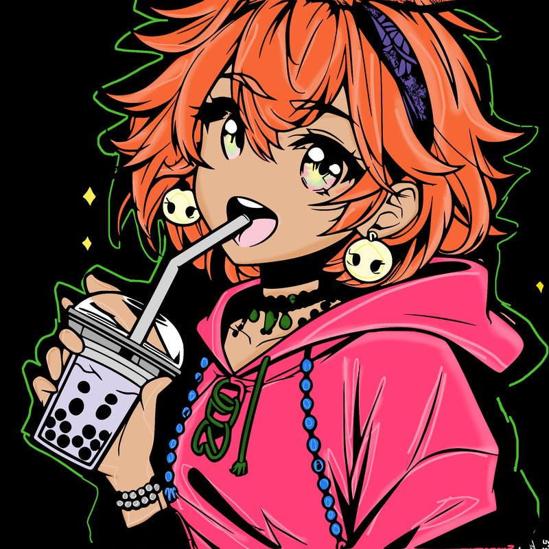 hot baddie anime girl drinking boba and biting the straw