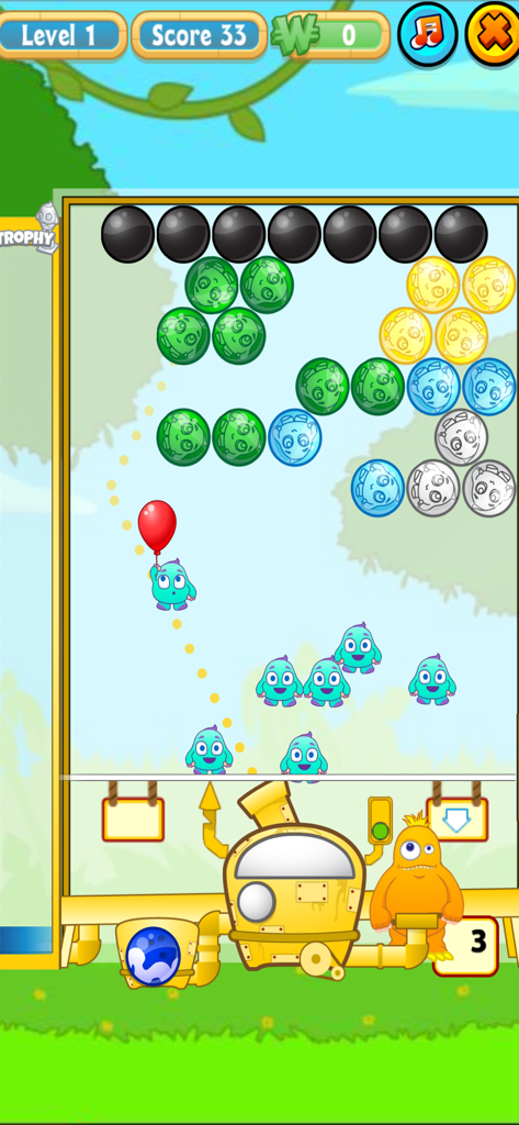 Zingoz Pop mobile gameplay showing a bubble shooter puzzle with colorful bubbles and a blue Zingoz character floating with a balloon