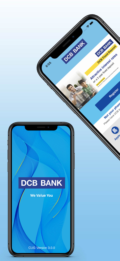 DCB Bank mobile banking app splash screen and registration interface showing fixed deposit offers