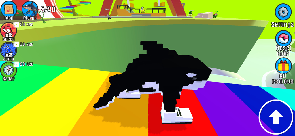 Find All Brainrot - Un personnage orque blocky avec des chaussures debout sur un sol arc-en-ciel dans l'interface du jeu Trouver Tout le Brainrot.