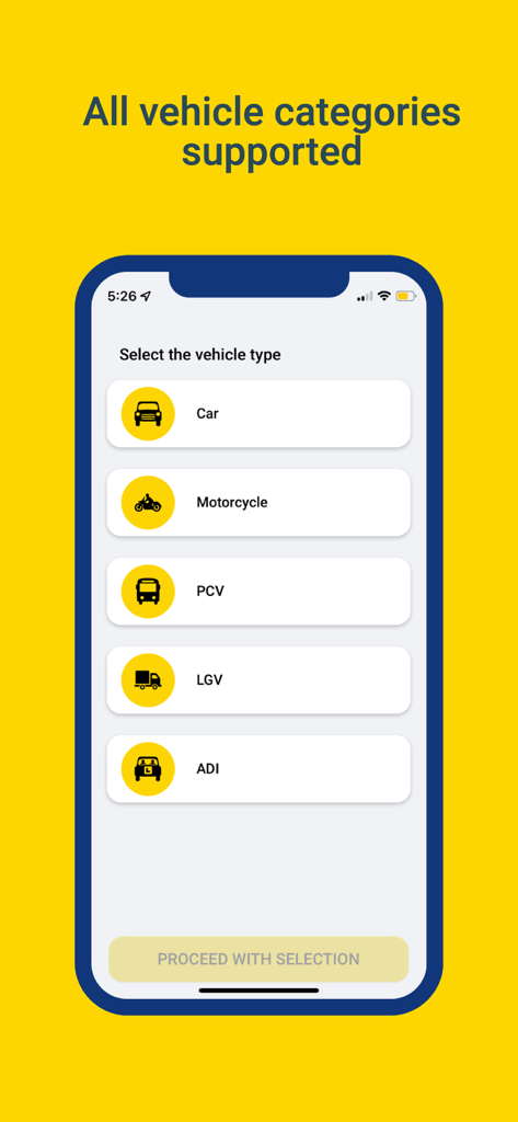 Theory Test Pro - Theory Test Pro app screen showing selection for Car, Motorcycle, PCV, LGV, and ADI theory tests.