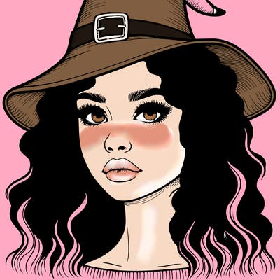 realistic girl with wavy hair a witch hat and a nose and lips and eyes