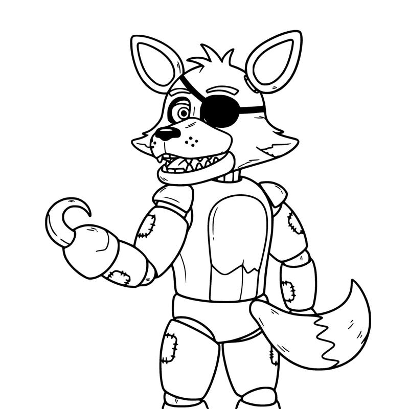 cute, animatronic that is fix like from five nights at freddy named foxy, has a hook for one hand and an eye patch