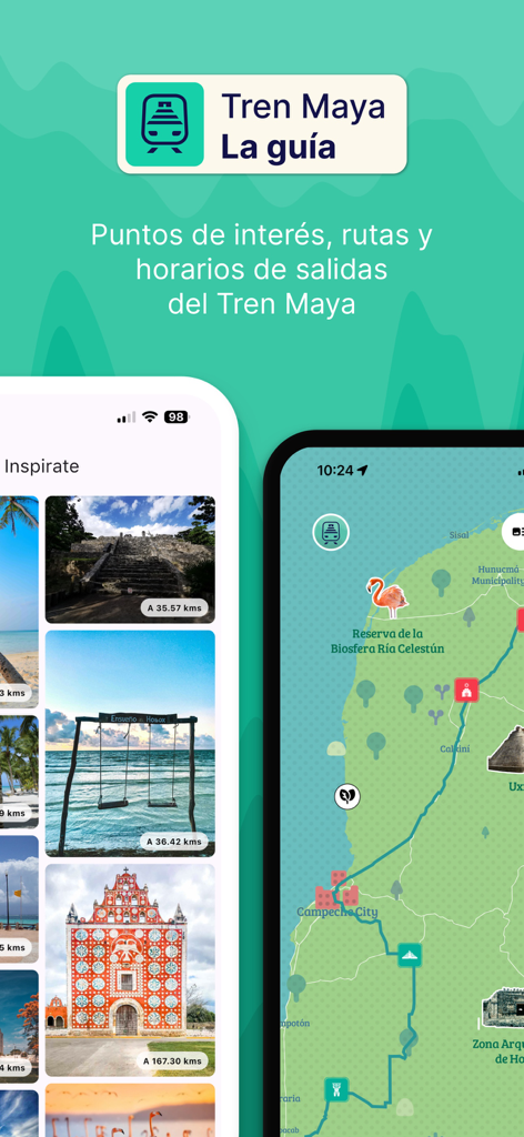 Tren Maya - The Guide - Bildschirmansichten der mobilen App, die eine interaktive Karte der Yucatán-Halbinsel und eine Fotogalerie lokaler Touristenattraktionen entlang der Tren Maya-Route zeigen.