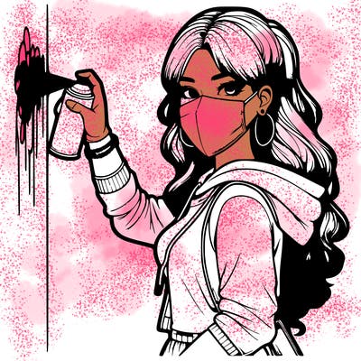 realistic girl with mask spray painting a wall