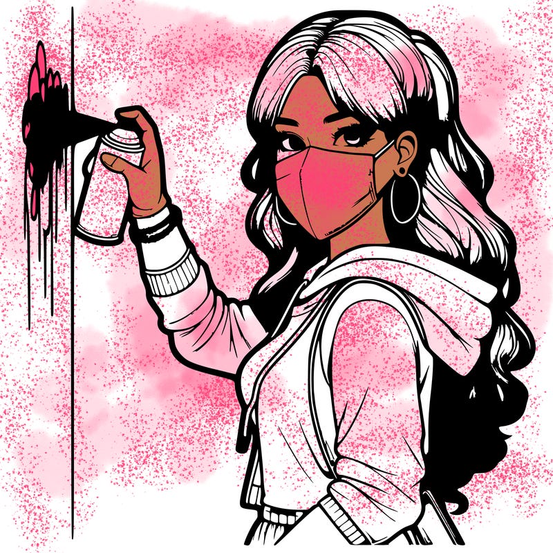 realistic girl with mask spray painting a wall