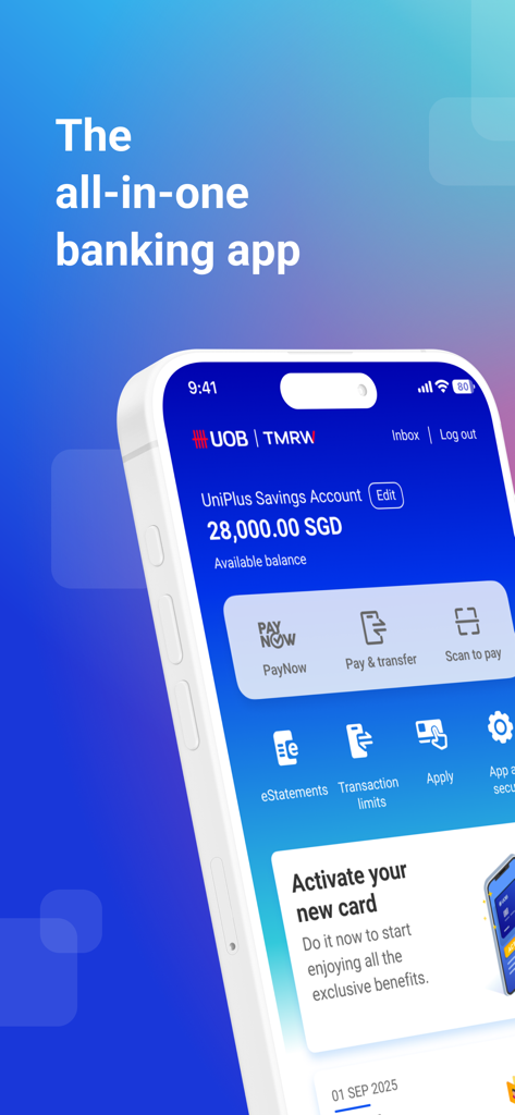 UOB TMRW mobile app home screen showing a savings account balance and quick access links for payments and transfers