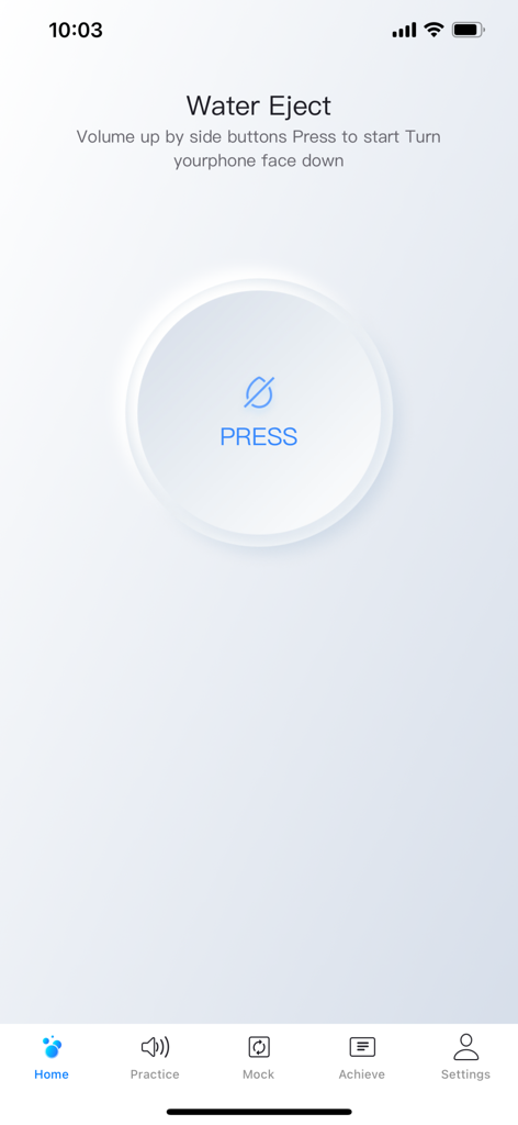 Tela principal do aplicativo Water Wave com um grande botão central para iniciar o processo de ejeção de água para alto-falantes de telefone