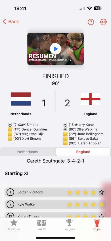 90MIN - Interfaz de la app 90MIN mostrando un resumen del partido de fútbol entre Países Bajos e Inglaterra con resultados finales y estadísticas de jugadores
