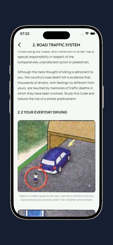 Educational lesson on the road traffic system and everyday driving safety within the Provisional Highway Code app