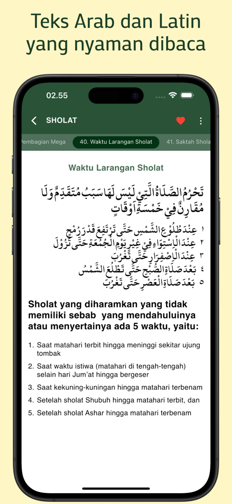 Safinatun Najah - Smartphone display showing Islamic rules on prohibited prayer times in the Safinatun Najah app with Arabic and Indonesian text