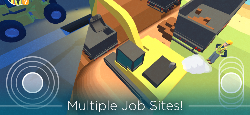 A split screen showing excavator simulation gameplay in different job site environments at day and night.