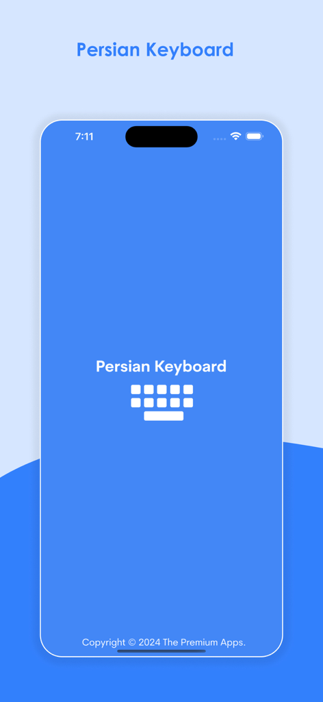 Splash screen of the Persian Keyboard and Translator app showing a blue interface with a keyboard icon