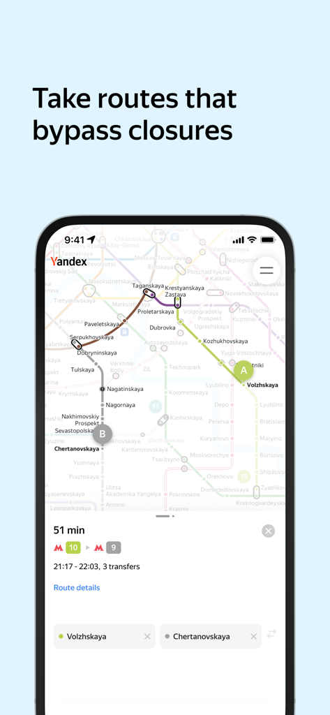Yandex Metro - Smartphone screen showing the Yandex Metro app interface with an optimized subway route bypassing closures.