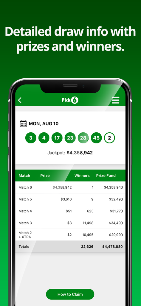 NJ Lottery app showing Pick 6 winning numbers and a detailed prize breakdown
