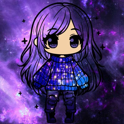 chibi girl with ripped jeans,long hair, and an oversized sweater