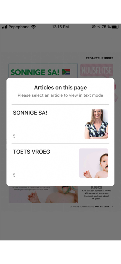 A pop-up menu in the Baba & Kleuter app displaying a list of available articles to view in text mode