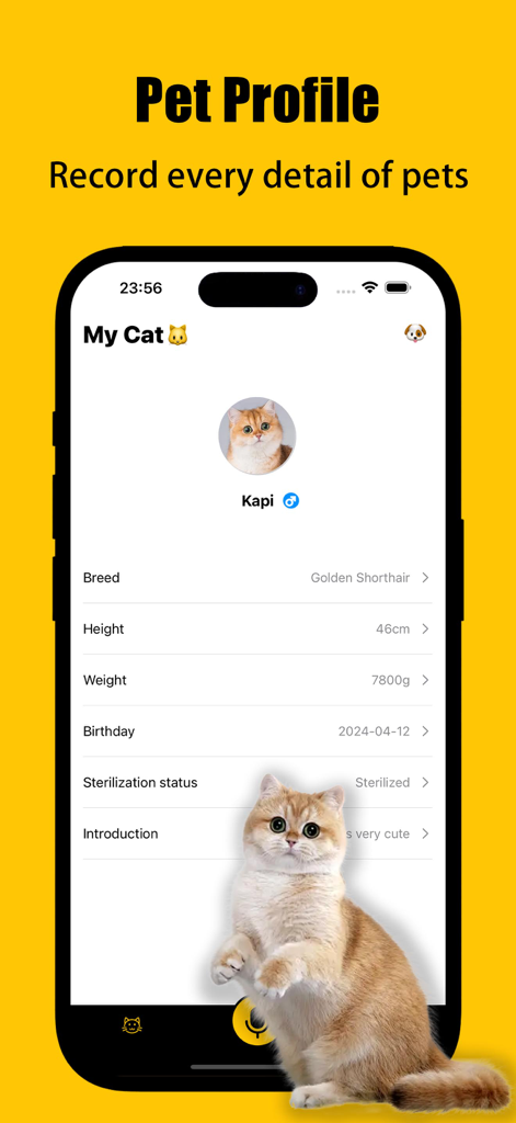 Dog&Cat Translator - Pet Talk - Mobile app screenshot showing a detailed pet profile for a cat including health records and physical traits