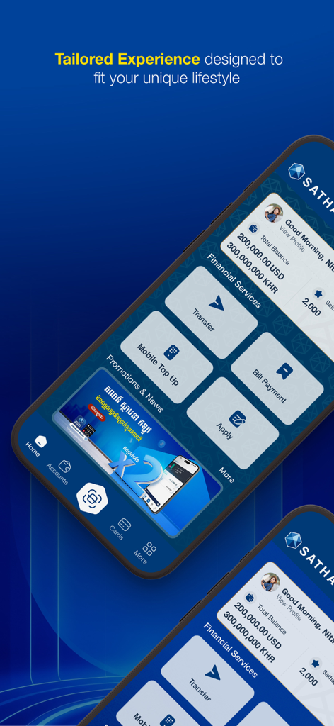 Sathapana Mobile - Sathapana Mobile banking dashboard showing account balances in USD and KHR with financial service icons