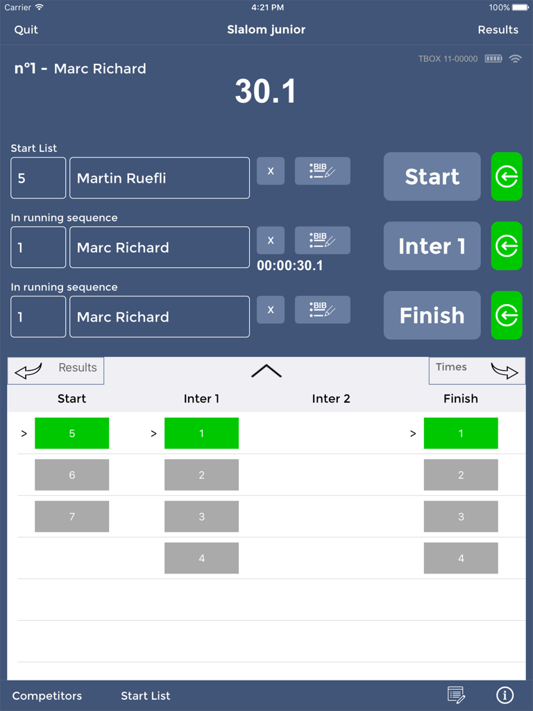FDS Smart Chrono - FDS Smart Chrono app timing dashboard for a slalom race on iPad showing competitor times and progress